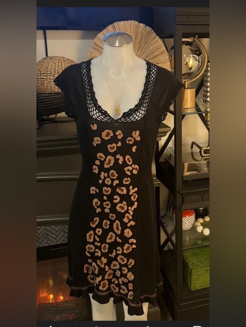 Vintage Y2K Nanette Lapore black leopard print crochet knit dress,M